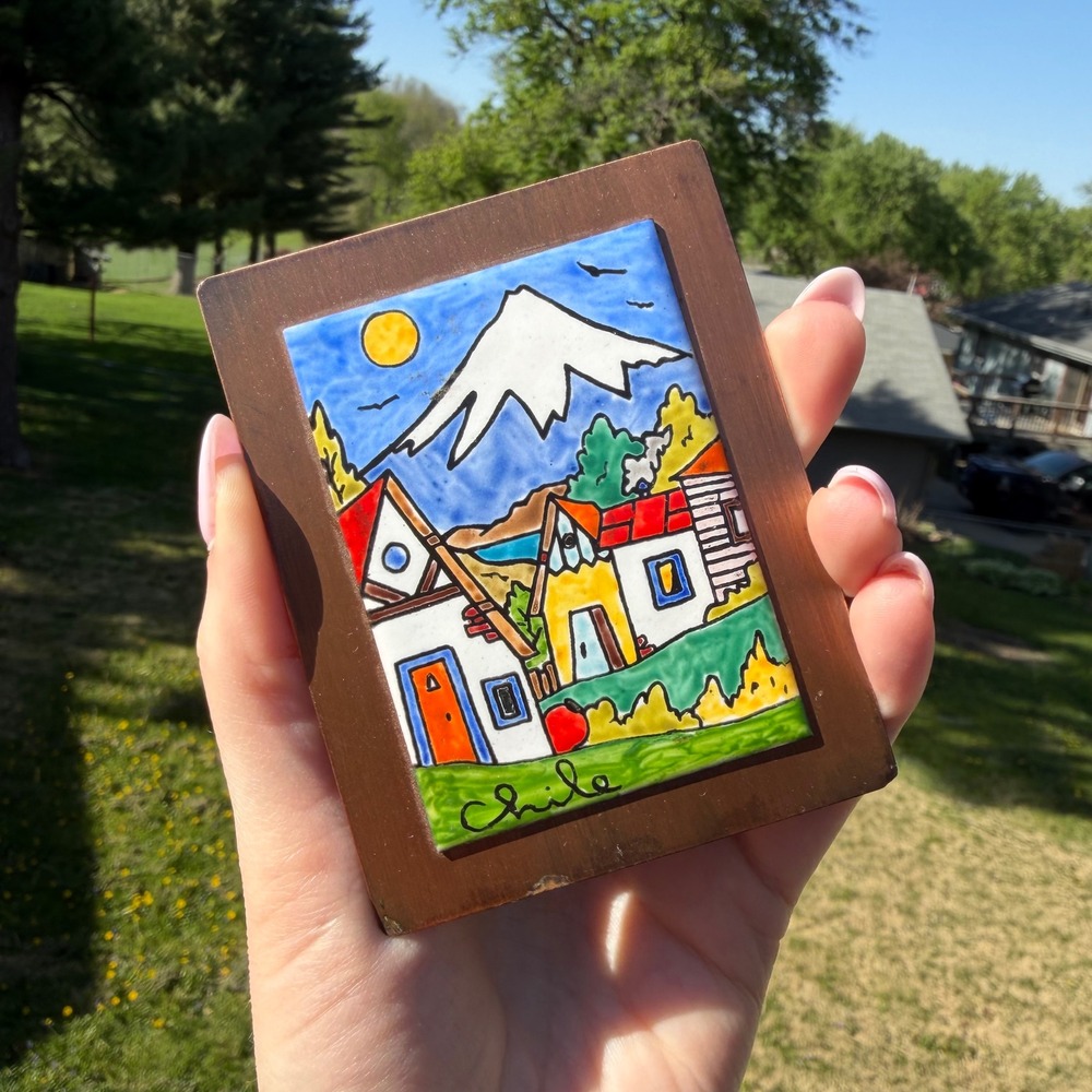Vintage Chile Hand Painted Ceramic Tile Folk Art Mountain Village Copper Plaque